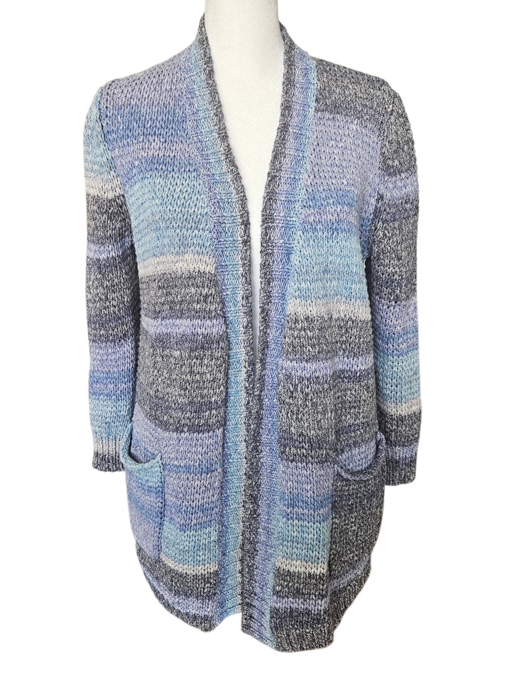 White + Warren Blue and Gray Striped Open-Front Cardigan S 100% Cotton